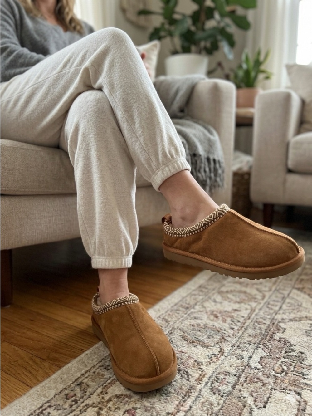MIA Chestnut Brown Suede Slip-On Slippers with Geometric Trim